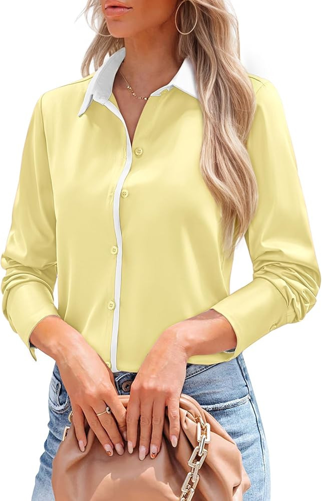 Womens Button Down Shirts Classic-Fit Dress Shirts Collared Long Sleeve Wrinkle Free Blouses Work Formal Colorblock Tops | Amazon (US)