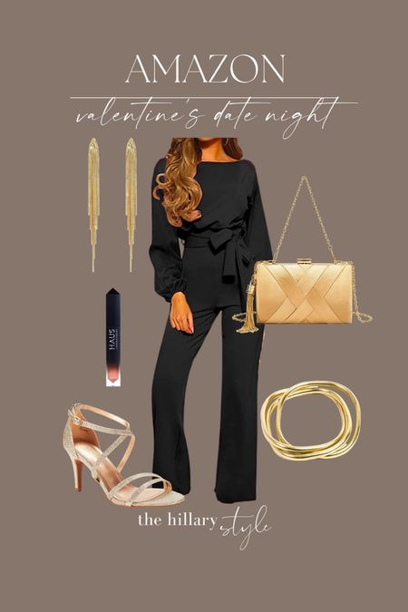 Amazon Valentine’s Date Night: Black jumpsuit, gold heels, handbag, bracelet stack, gold earrings, lipstick. #founditonamazon

#LTKFind #LTKstyletip #LTKfit