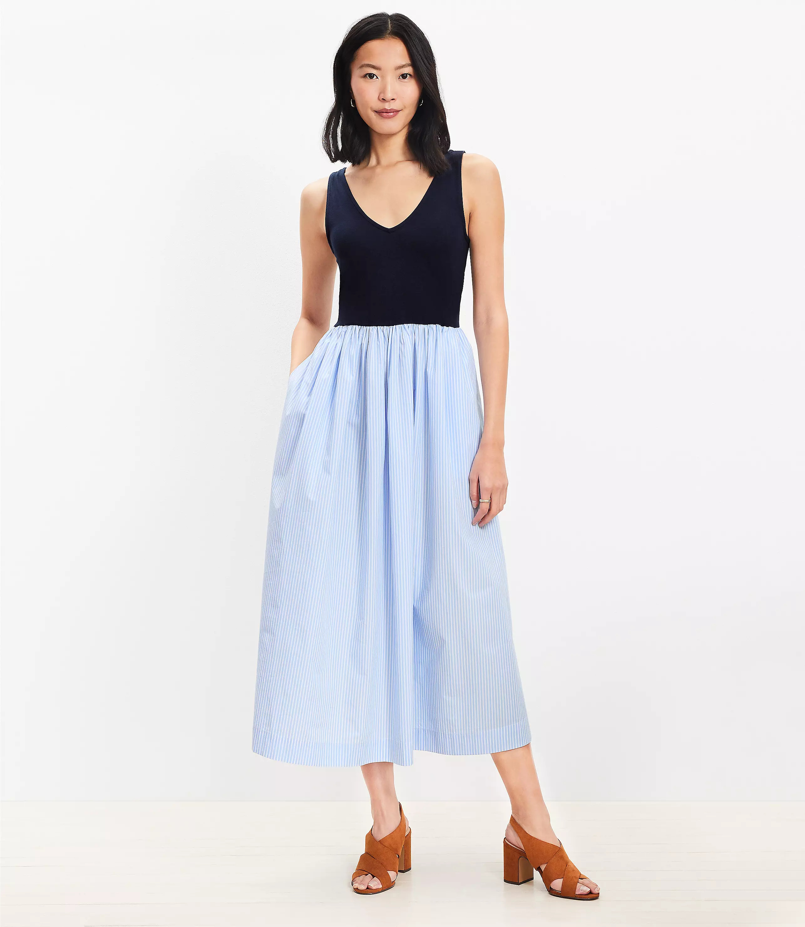 Petite Striped Mixed Media Midi Pocket Dress | LOFT