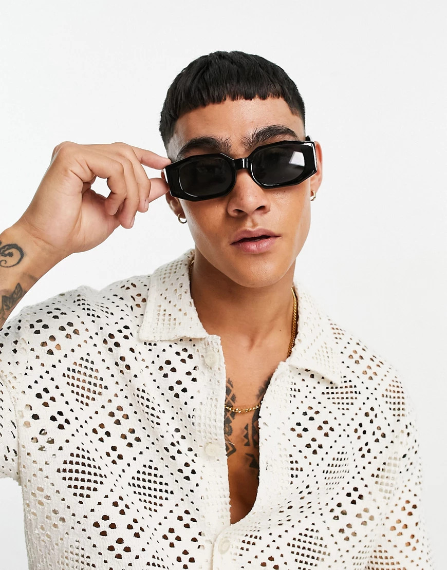 ASOS DESIGN angled rectangle sunglasses with smoke lens in black | ASOS (Global)