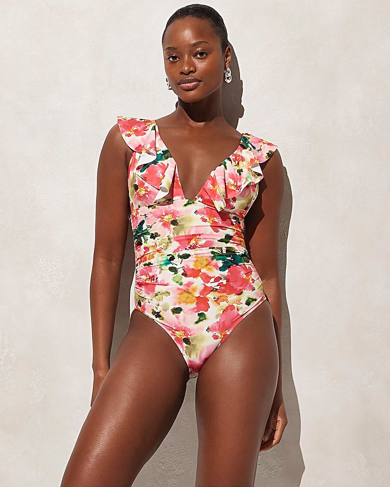 Ruched ruffle one-piece swimsuit in floral | J.Crew US