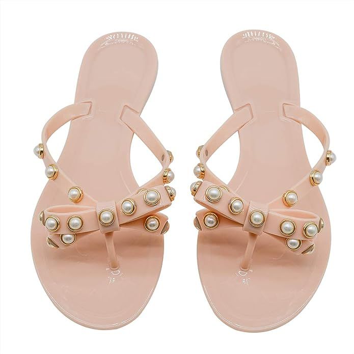 TYFLOVE Women Pearls Bow Flip Flops Jelly Thong Sandals Rubber Flat Summer Beach Rain Shoes | Amazon (US)