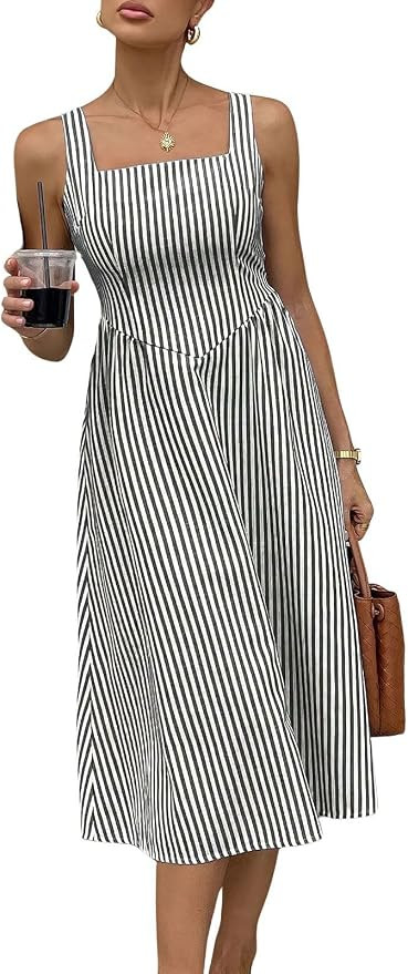ebossy Women's Retro Drop Waist Cotton Midi Dress Vertical Striped Square Neck Sleeveless A-Line ... | Amazon (US)