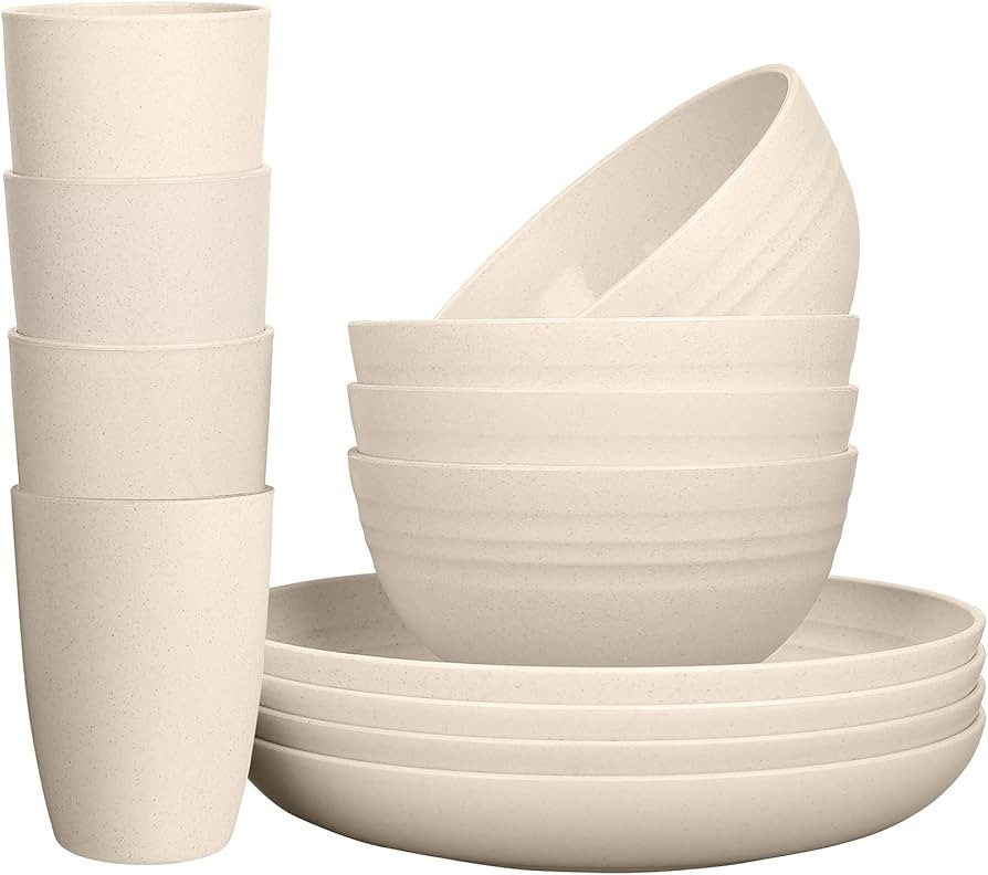 LuckyZone Wheat Straw Dinnerware Sets for 4 (Reusable Plates, Bowls & Cups) - Lightweight Unbreak... | Amazon (US)