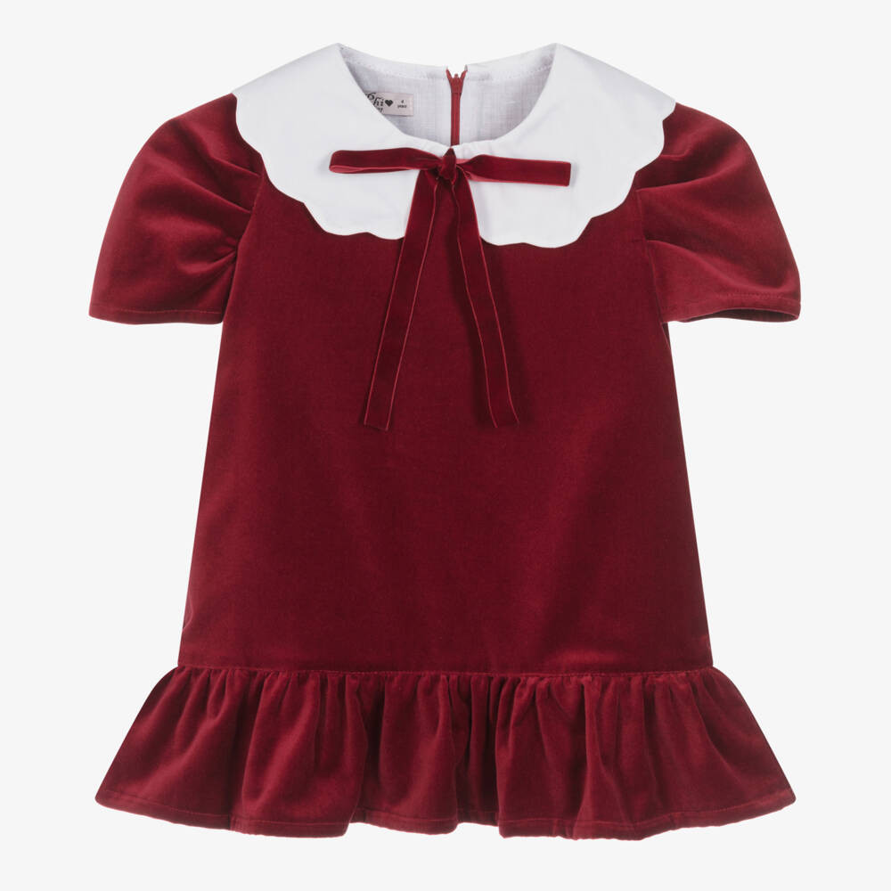 Girls Red Cotton Velvet Dress | Childrensalon