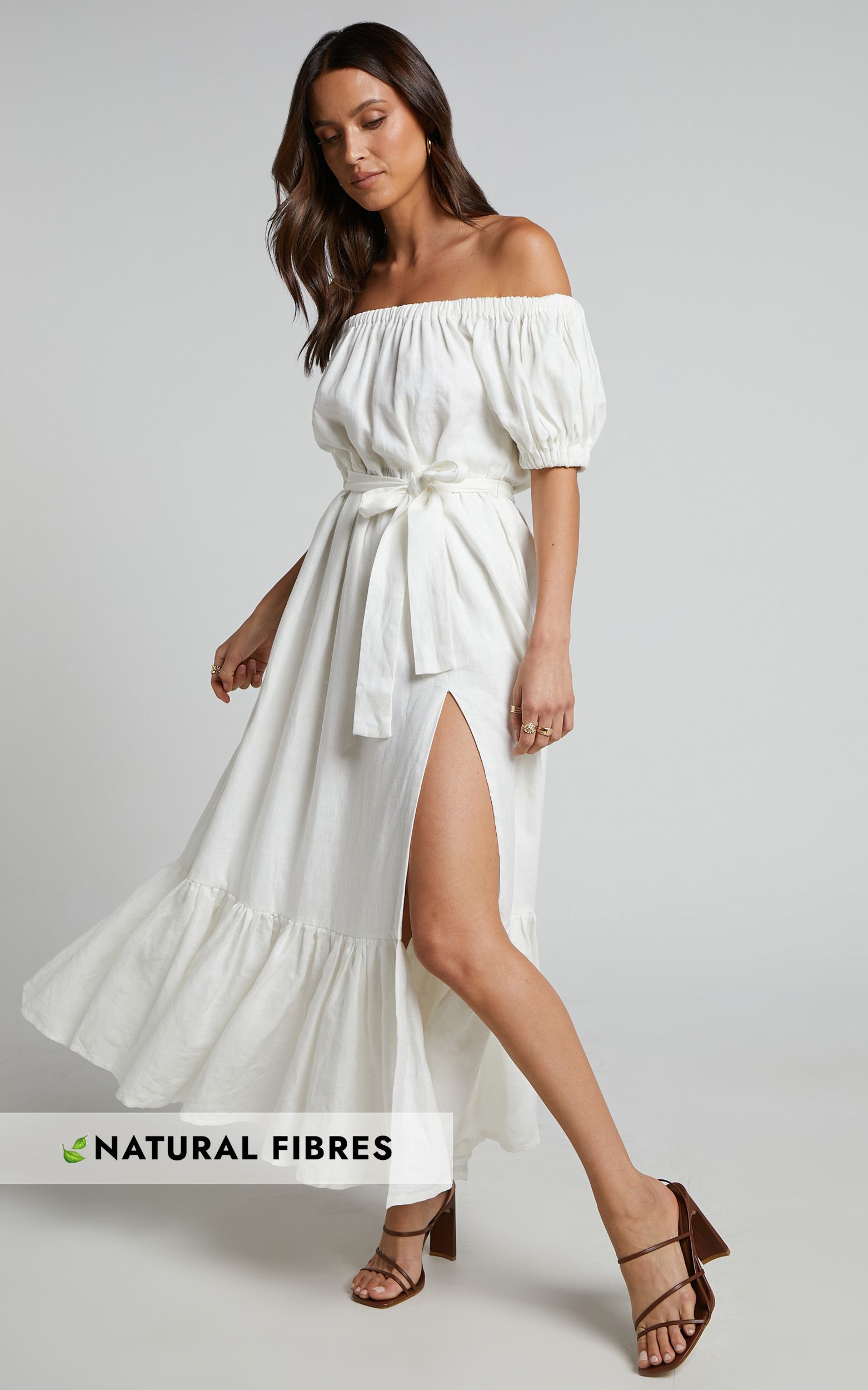 Amalie The Label -  Junabelle Linen Off Shoulder Midi Dress in White | Showpo (US, UK & Europe)