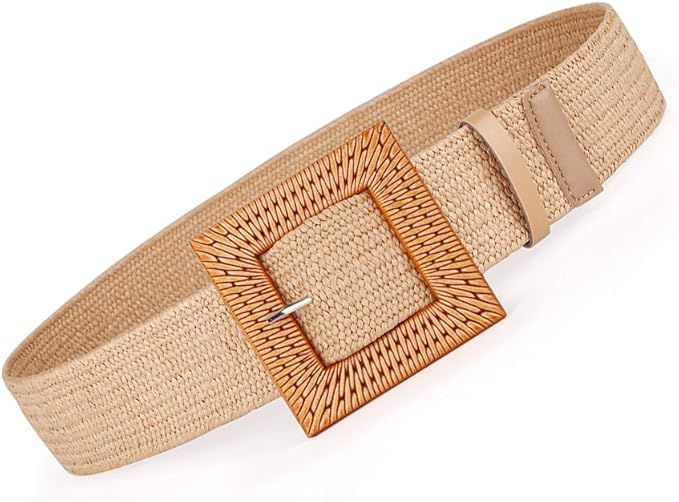 Women Belts For Dresses, Elastic Straw Rattan Waist Band With Wood Buckle | Amazon (US)