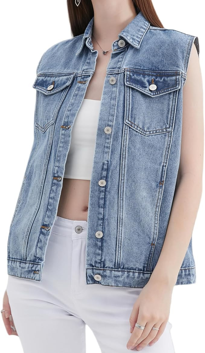 ZMTUO Women's casual denim vest - sleeveless loose denim jacket with pockets | Amazon (US)
