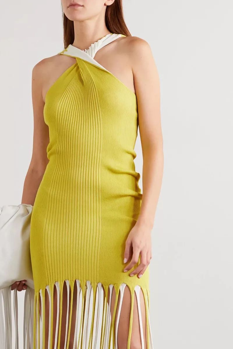 Bottega Veneta Halter Twist Fringe Dress in Acid Optic White Yellow M NWT $2190 | eBay US