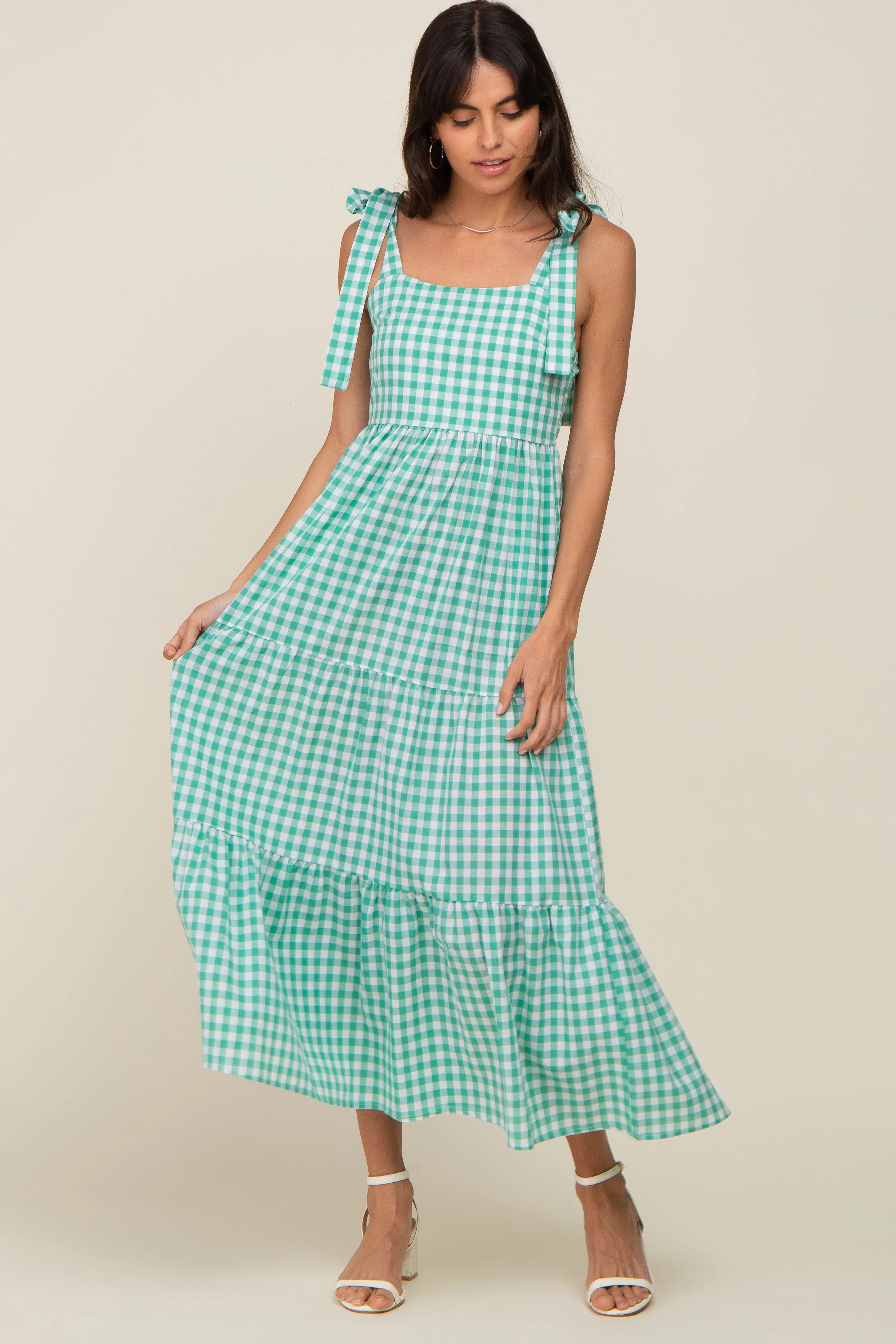 Green Checkered Sleeveless Tiered Maxi Dress | PinkBlush Maternity