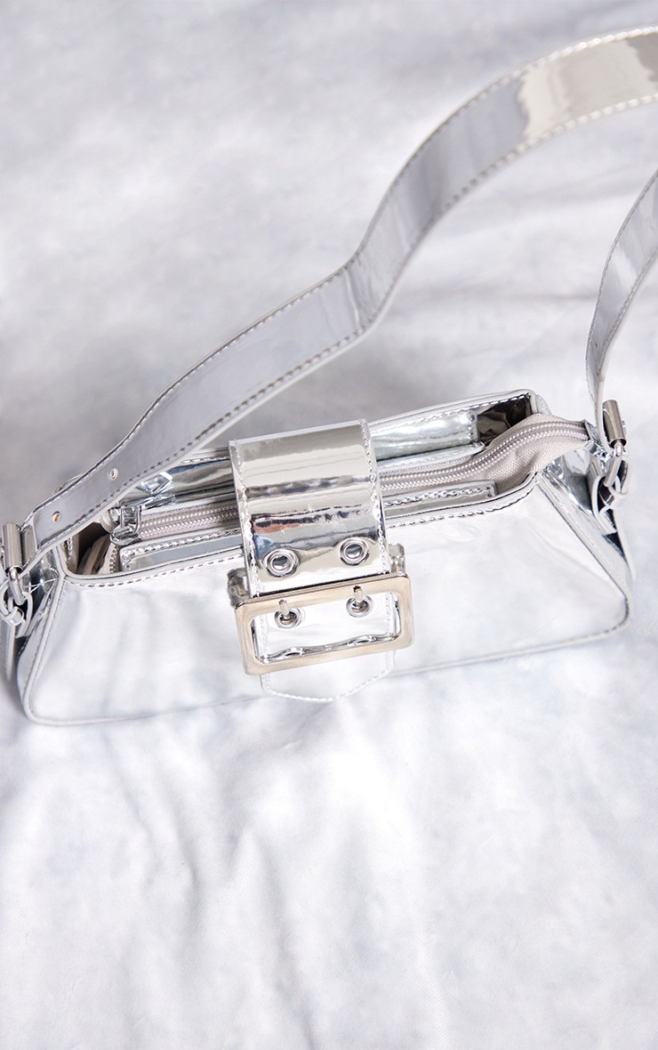 Silver Metallic Trapeze Buckle Shoulder Bag | PrettyLittleThing US