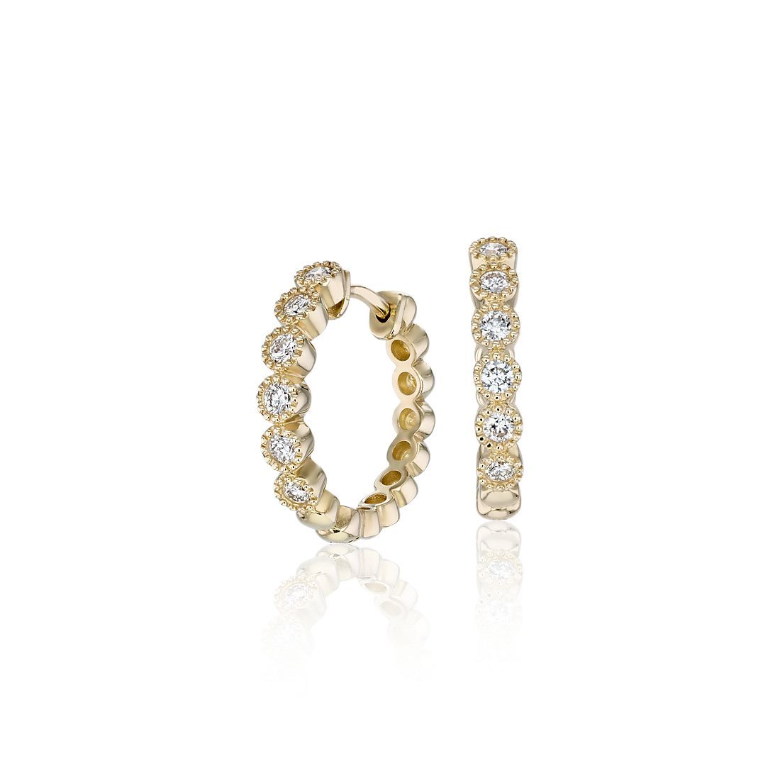 Petite Diamond Milgrain Hoop Earrings in 14k Yellow Gold (1/4 ct. tw.)  | Blue Nile | Blue Nile