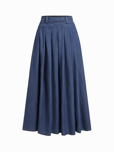 CIDER Womens Jean Skirts Long Denim Pleated A Line High Waisted Skirt Blue, L | Amazon (US)
