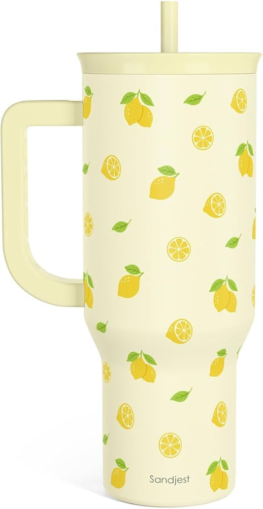 SANDJEST Lemon 40oz Tumbler with Handle and Straw, Insulated Stainless Steel Travel Coffee Mug fo... | Amazon (US)
