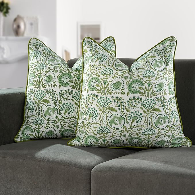 CPC 100% Cotton Throw Pillow Covers 20x20 Inch, Set of 2 Green Block Print Pattern Couch Pillow, ... | Amazon (US)