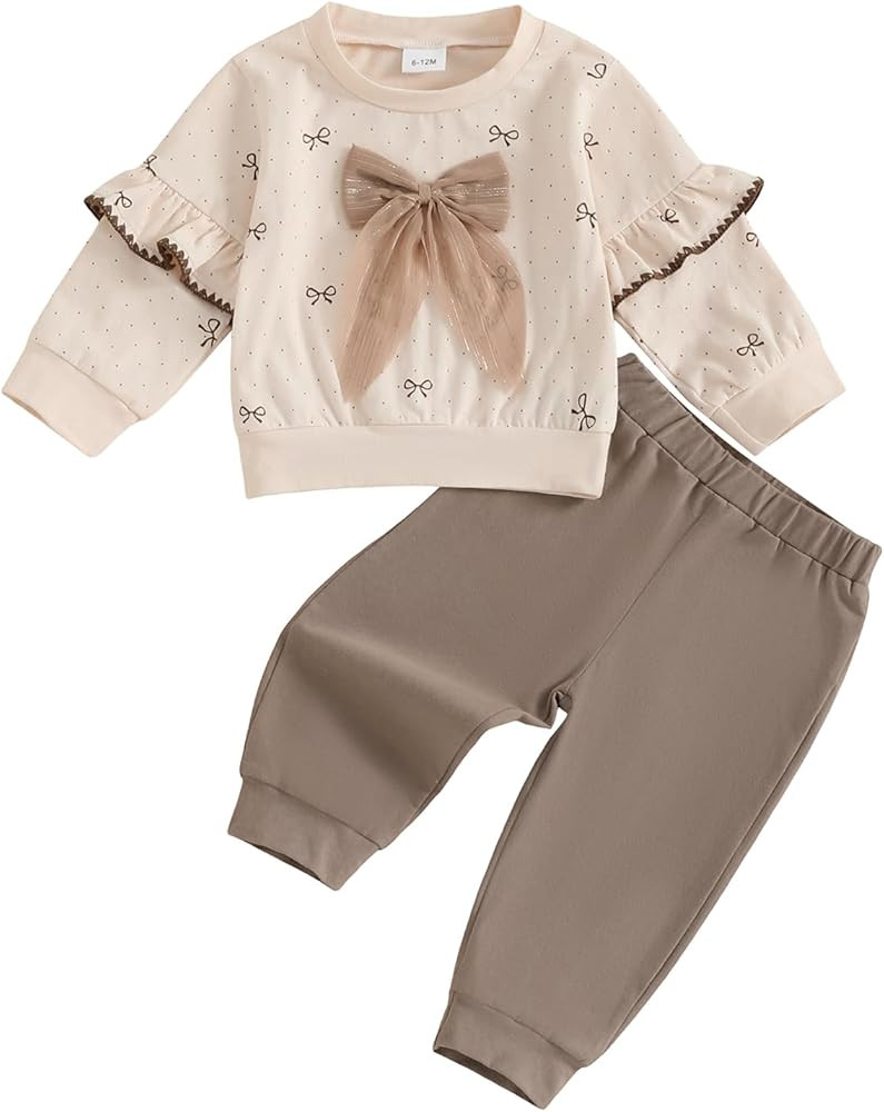 Infant Baby Girls Clothes Toddler Long Sleeve Crewneck Bowknot Sweatshirts Jogger Pants 2Pcs Fall... | Amazon (US)