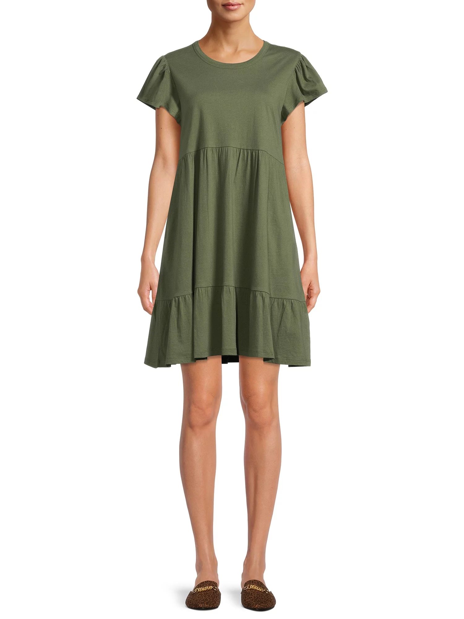 Time and Tru Short Sleeve Tiered Knit Dress for women with Pockets | Walmart (US)