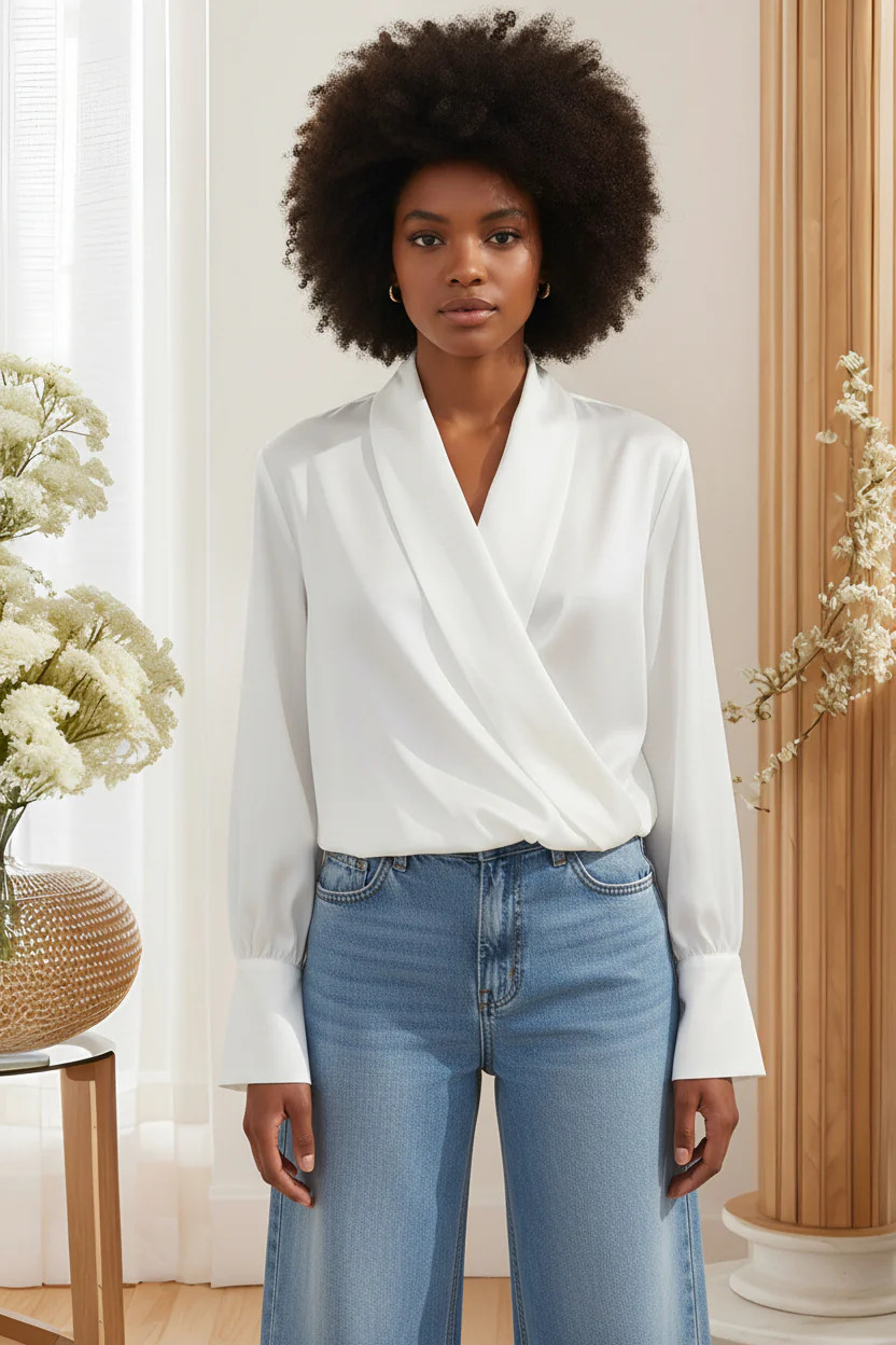 Doretta Draped Satin Long Sleeve Wrap Top - White | Benaar La