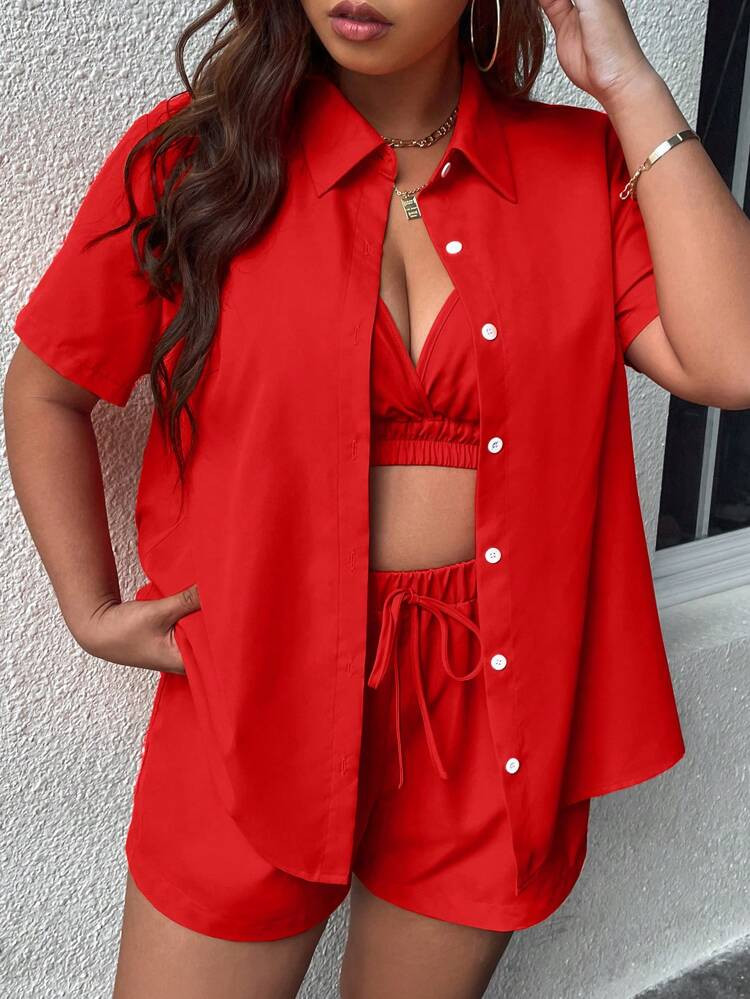 SHEIN EZwear Plus Solid Cami Top & Shorts & Button Front Blouse | SHEIN