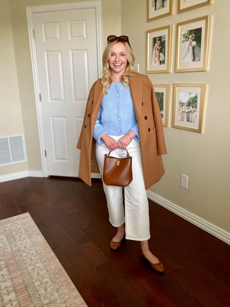 Wearing a 25P in jeans, linked similar options! XSP in coat and XS in sweater | pastel sweater, white jeans, wide leg jeans, winter white, winter outfit, casual winter outfit, camel coat, wool coat, ballet flats 

#LTKSeasonal #LTKfindsunder100 #LTKstyletip