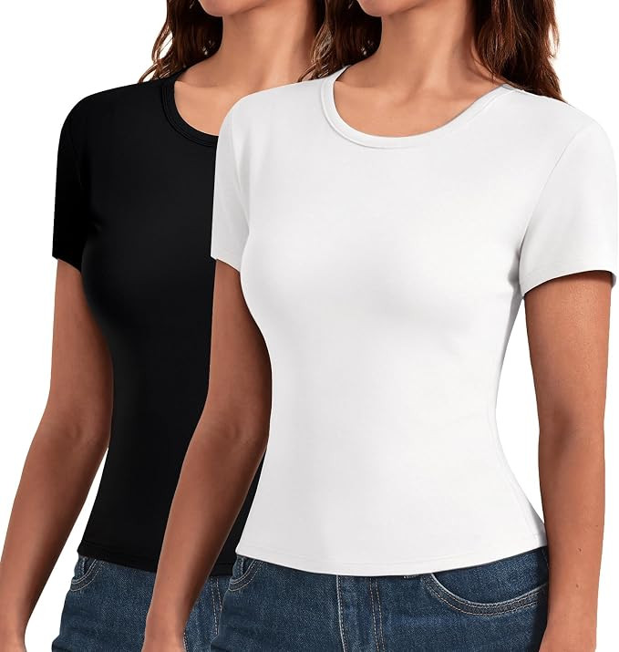 Leafigure 2 Pack Basic Tees for Women | Slim Fit T Shirts, Crewneck, Short Sleeve Crop Tops, Casu... | Amazon (US)
