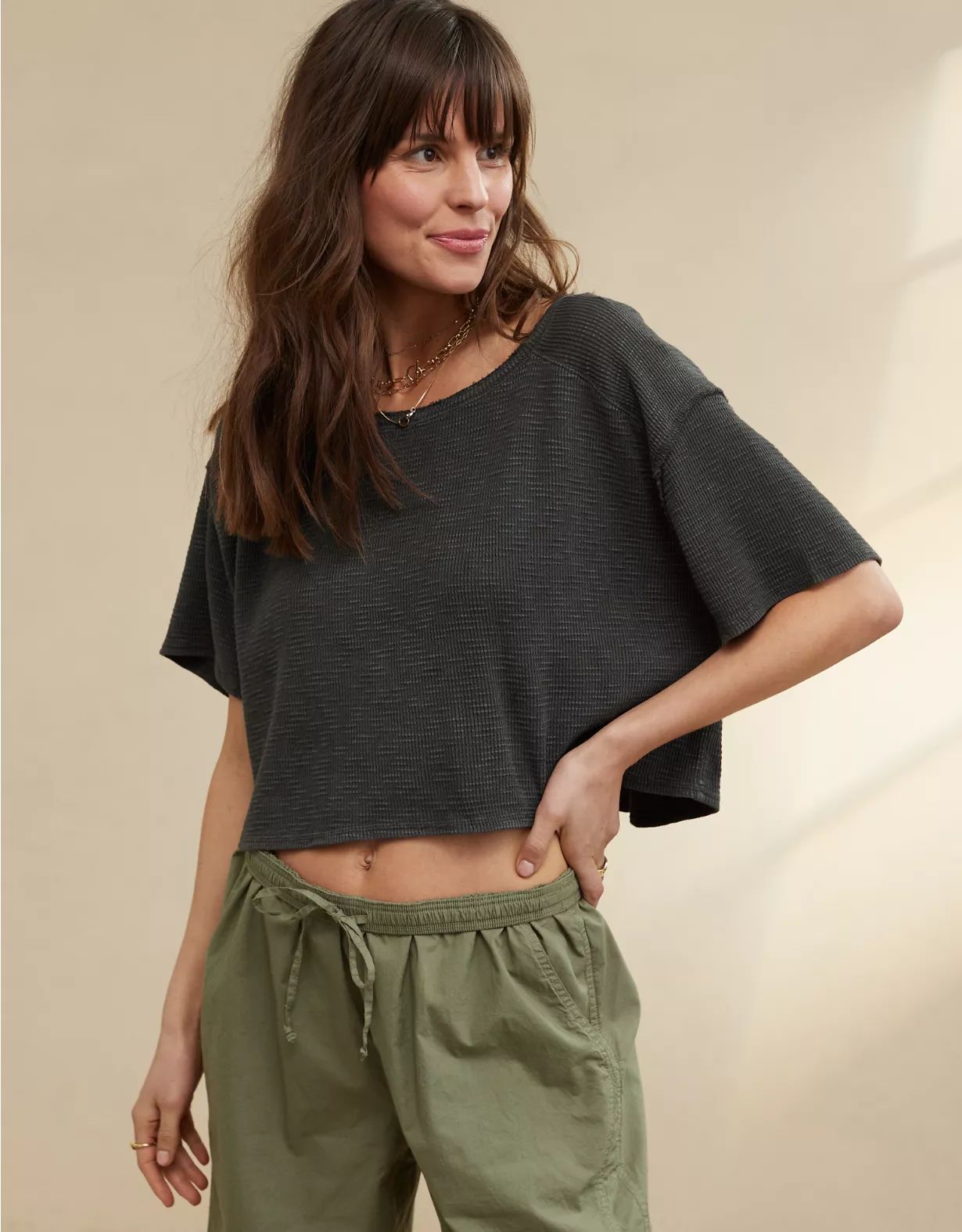 Aerie Cropped Waffle T-Shirt | Aerie