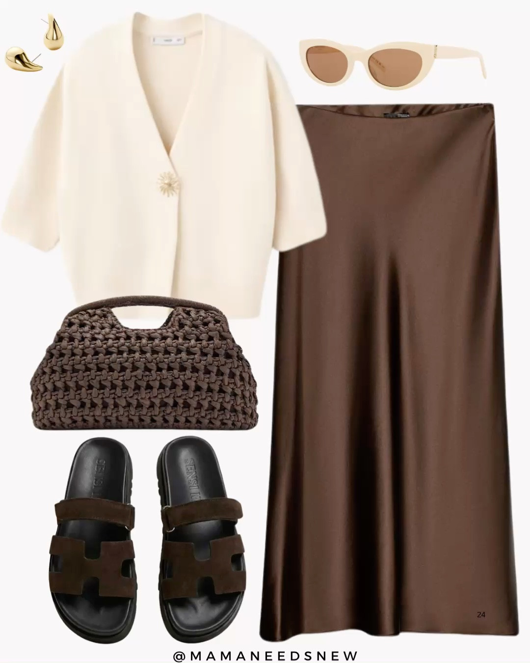 A spring / summer / vacation outfit with a jewel button cardigan, satin skirt, slide sandals & woven bag 🤎

#LTKSaleAlert #LTKSpringSale #LTKSeasonal