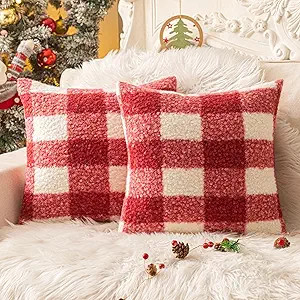 AQOTHES Red White Plaid Christmas Throw Pillow Covers 20x20 Inch Set of 2, Boucle Decorative Pill... | Amazon (US)