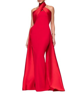 Betsy & Adam Twist Front Halter Sleevess Mixed Media Column Gown With Overlay | Dillard's | Dillard's