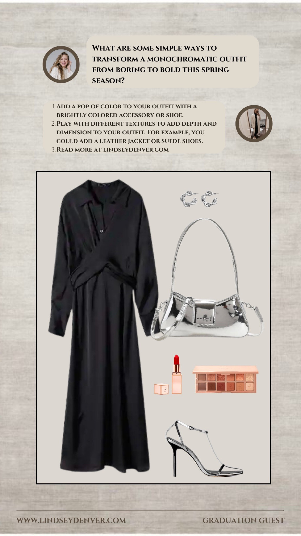 ✨Favorite for inspo later into spring. Here are five steps to turn your boring monochromatic outfit into a bold statement for spring: Add a Pop of Color: Introduce a bright and vibrant color to your outfit through accessories or clothing pieces. For example, you can wear a colorful scarf or a statement bag to add a pop of color to your monochromatic outfit. Mix Textures: Combine different fabrics and textures to add visual interest to your outfit. For instance, if you are wearing a plain black dress, you can add a denim jacket or a leather belt to give it some texture and dimension. Layer Up: Layering can help to create a more dynamic look. Try layering a colorful blouse or sweater underneath your monochromatic outfit to give it some depth and visual interest. Experiment with Patterns: Add some pattern to your outfit to make it stand out. Try wearing a printed scarf or a patterned jacket to create a bold statement. Accessorize: Accessorize your outfit with bold statement pieces such as chunky jewelry, statement sunglasses, or a wide-brimmed hat. These accessories will instantly transform your outfit from boring to bold. 