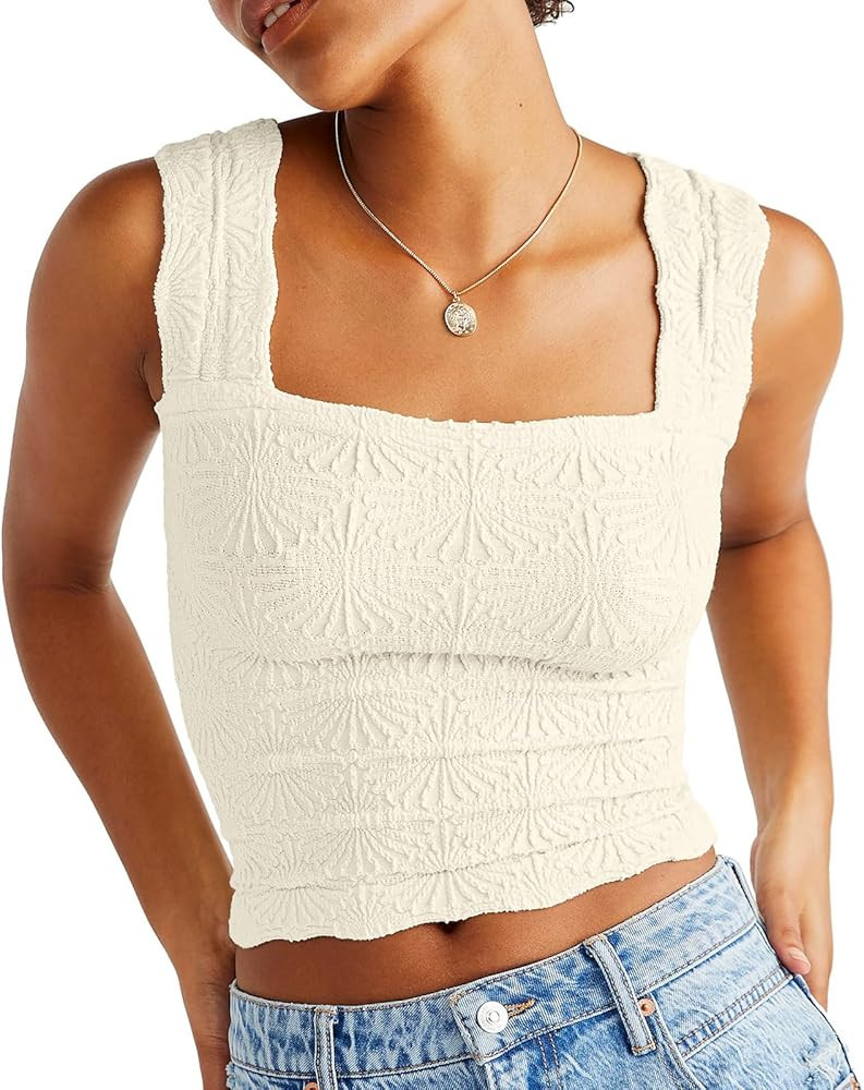 DouBCQ Women Cute Crop Tank Top Square Neck Wide Strap Vest Slim Fit Floral Lettuce Trim Cropped ... | Amazon (US)