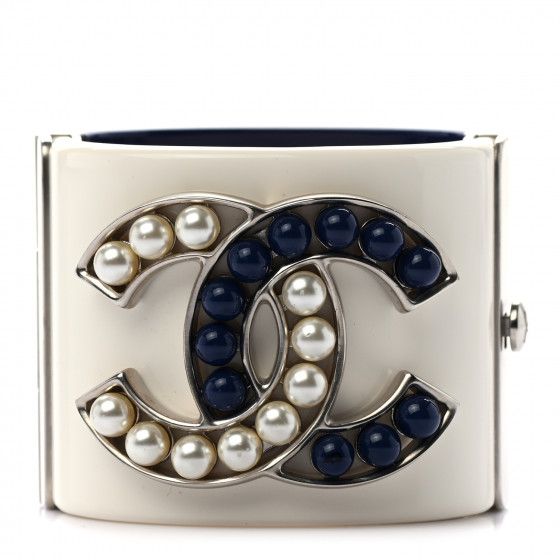 CHANEL Resin Pearl CC Cuff Cream White Blue | Fashionphile
