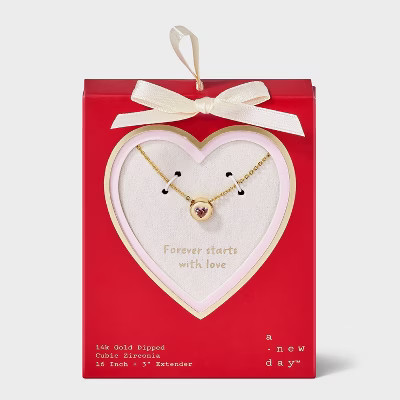 14K Gold Dipped Cubic Zirconia Valentines Round Heart Slider Necklace - A New Day™ Gold | Target