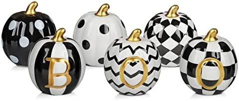 Halloween Decorations Indoor - Set of 6 Ceramic Halloween Pumpkin Decor - Assorted Black and Whit... | Amazon (US)