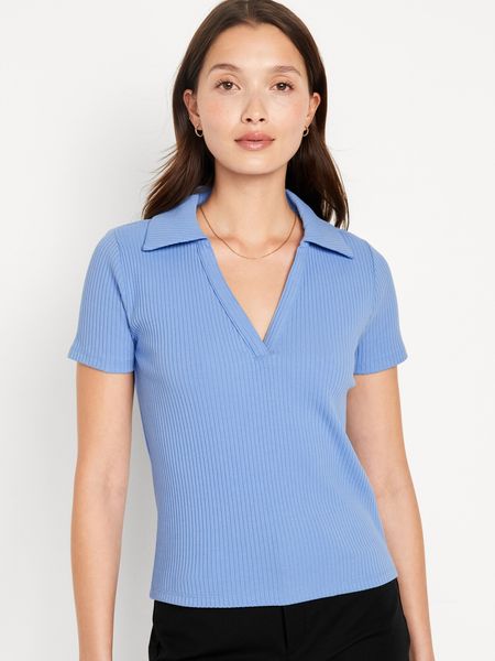 Short-Sleeve Rib-Knit Collared Shirt for Women | Old Navy (US)