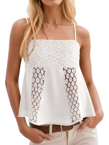 Yousify Womens Spaghetti Strap Tank Tops Summer Lace Crochet Cami Shirts Cute Square Neck Flowy P... | Amazon (US)