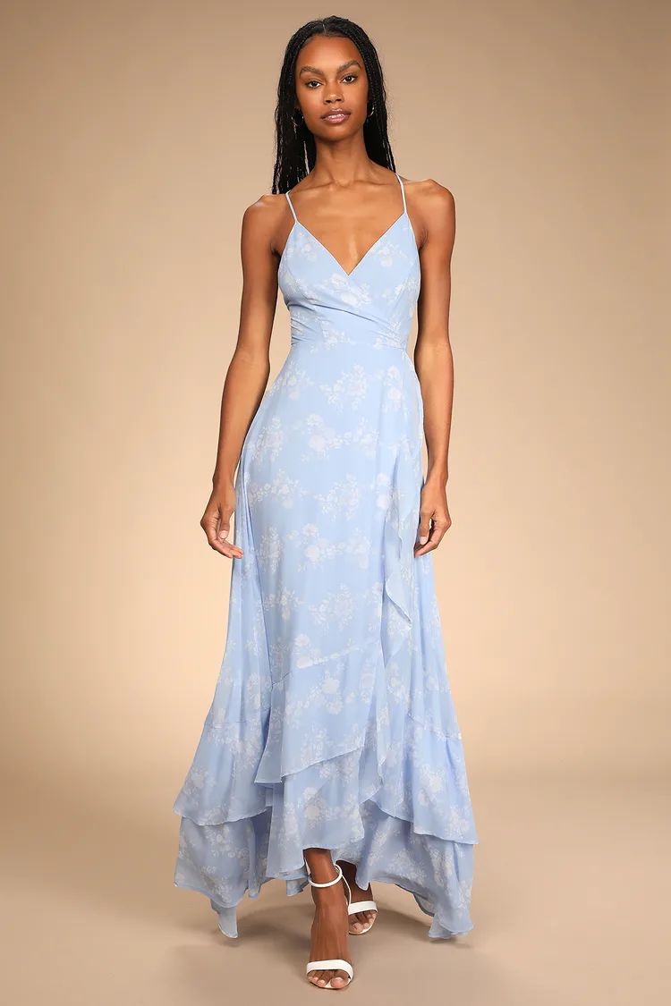 In Love Forever Light Blue Floral Lace-Up High-Low Maxi Dress | Lulus