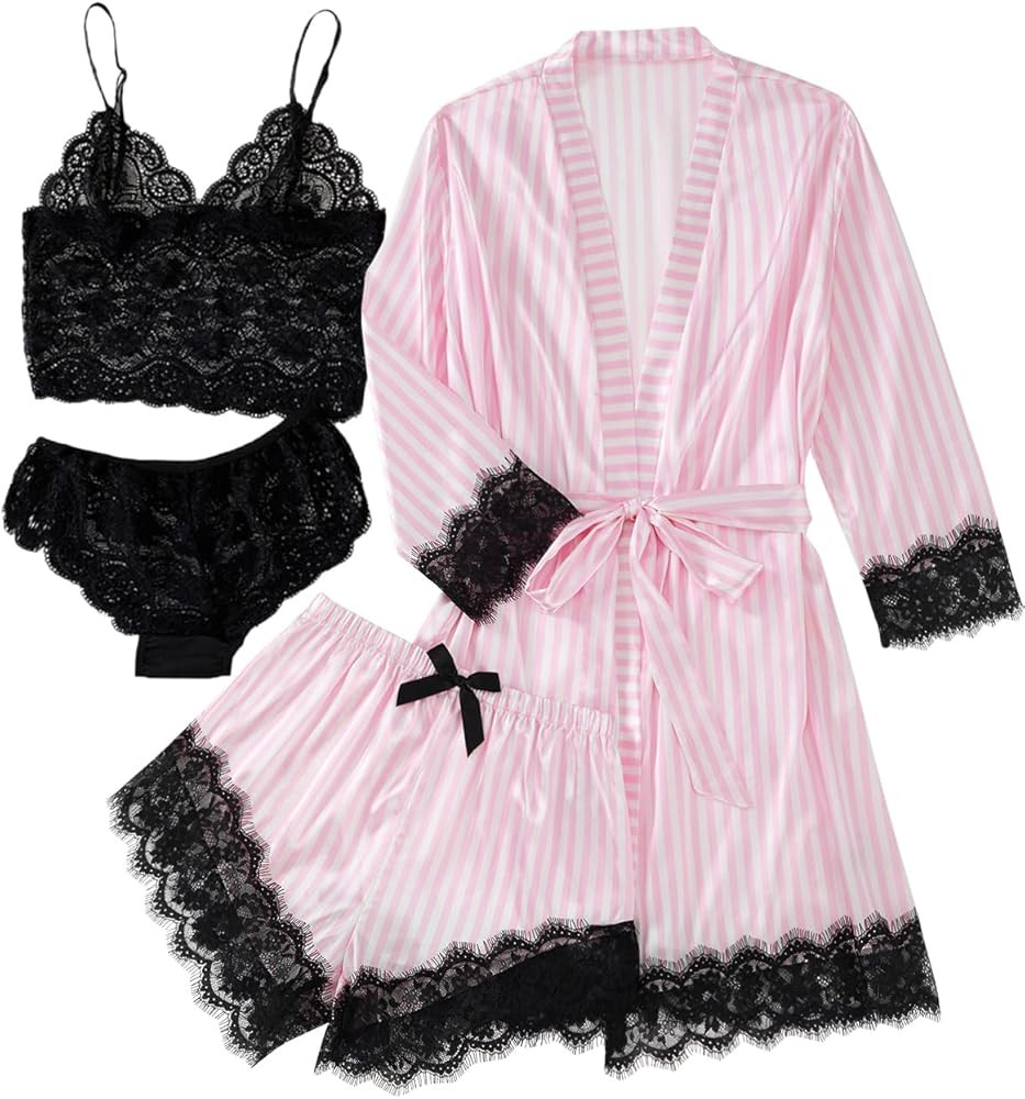 LYANER Women's 4pcs Sleepwear Satin Floral Lace Trim Cami Pajama Set with Robe | Amazon (US)