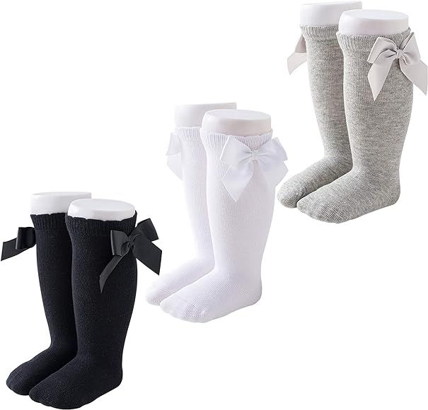 CozyWay Baby Girls Knee High Socks 3/6 Pack Bow Long Stockings Infants Toddlers Ruffled Socks Sch... | Amazon (US)