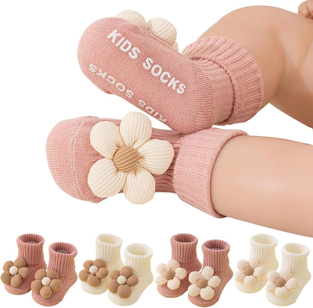 CCREDONE 4Pairs Baby Boy Girl Socks Toddler Non Slip Socks with Grips Flower Anti Skid Crew Infan... | Amazon (US)