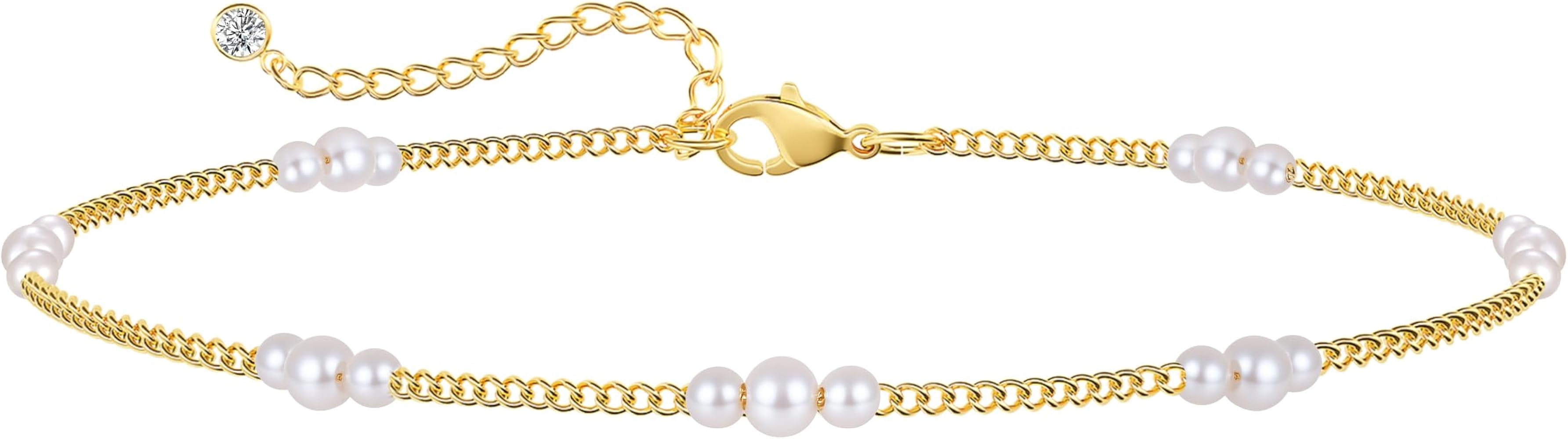 Dainty Simple Chain Anklet for Women 18k Gold/Silver Plated Summer Beach Beaded Evil Eye Moon Fig... | Amazon (US)