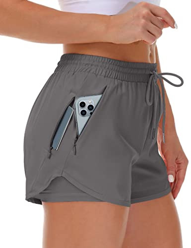 Women's Running Shorts with Liner 3 Zipper Pockets Elastic Workout Athletic Gym Yoga Shorts | Amazon (US)