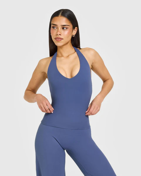 SoftMotion™ Halter Neck Vest with Built in Bra Shelf with White Logo 
 Slate Blue | Oner Active (UK / US)
