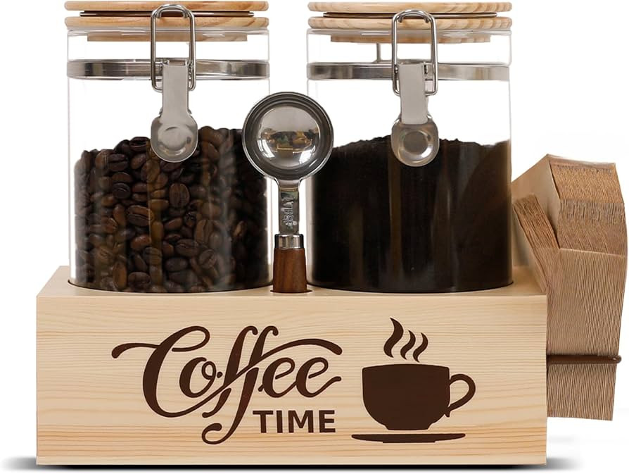 Glass Coffee Canister Set with Shelf & Spoon 2 Piece Coffee Containers for Coffee Bean Storage Ai... | Amazon (US)