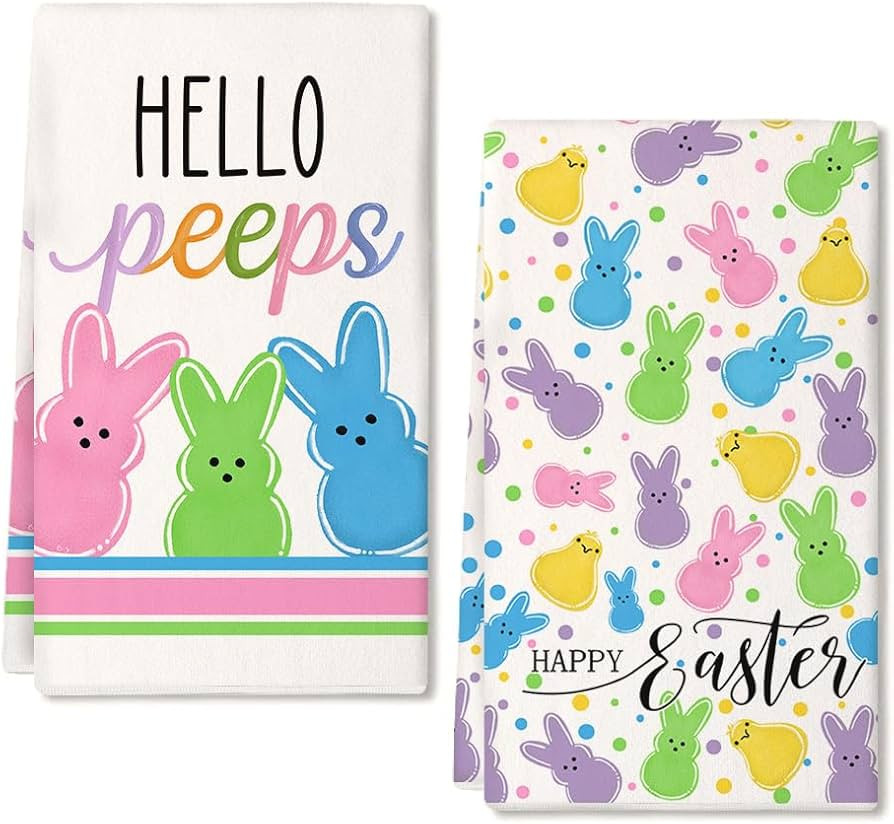 Colorful Bunny Happy Easter Kitchen Towels Set of 2,Hello Peeps Rabbits Dish Hand Towels Farmhous... | Amazon (US)