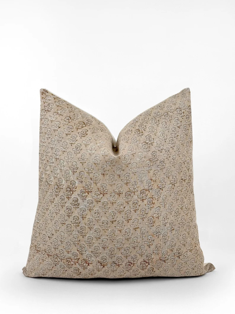 IVY Designer Sand Floral Linen Pillow Cover, Block Print Pillow, Farmhouse Pillow, Floral Pillow,... | Etsy (US)