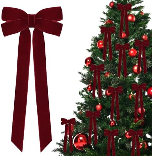 12Pcs Burgundy Velvet Ribbon Bows Christmas Tree Decorations,5in x 10in Xmas Ornaments for Tree H... | Amazon (US)