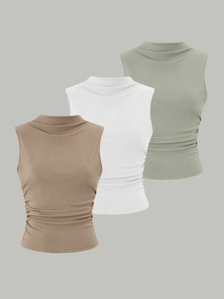 SHEIN Essnce 3pcs/Set Ribbed High-Neck Tank Top Combo | SHEIN