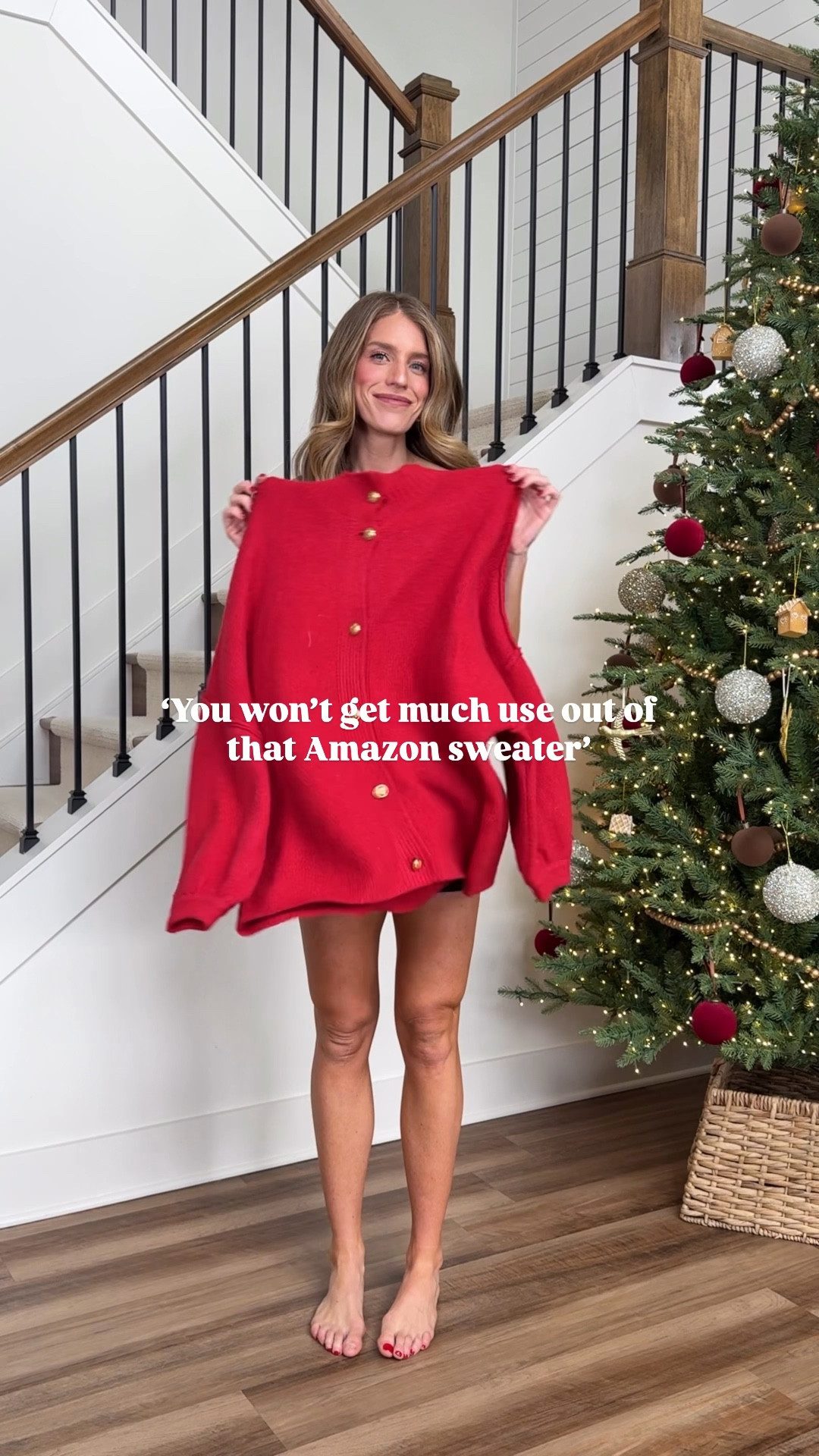 Ways to wear a red button up Amazon cardigan sweater. I got a size medium for length (I’m 5’11”) 
Small tall in leggings 
The “hose” I’m wearing in the second outfit are actually fleece lined leggings and give the effect of tights. Not see through! Tall sizes! 
Medium in satin skirt to bump. Stretchy waist and run tts 
Medium tall in lounge pants for bump
Medium in sequin shorts for bump




Red sweater, Christmas sweater, tall girl friendly, bump friendly, holiday outfits, New York outfits, Amazon finds, Amazon fashion 

#LTKHoliday #LTKFindsUnder50 #LTKTall