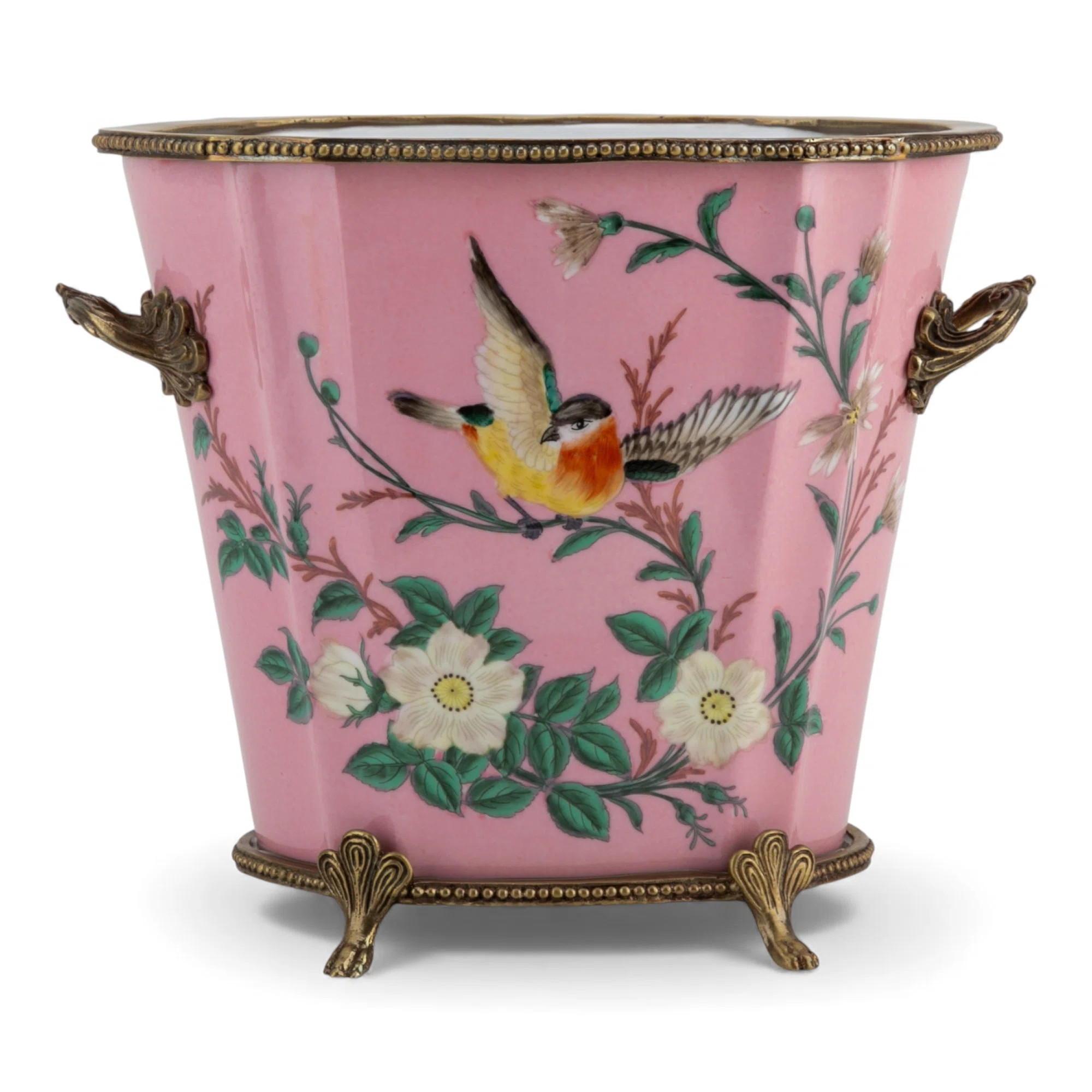 Pink Garden Oval Porcelain Planter with Bronze Ormolu | Wayfair North America